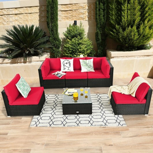 6 Pieces Patio Rattan Furniture Set with Cushions and Glass Coffee Table-Red - Color: Red