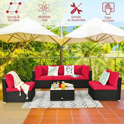 6 Pieces Patio Rattan Furniture Set with Cushions and Glass Coffee Table-Red - Color: Red