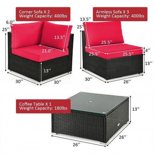 6 Pieces Patio Rattan Furniture Set with Cushions and Glass Coffee Table-Red - Color: Red