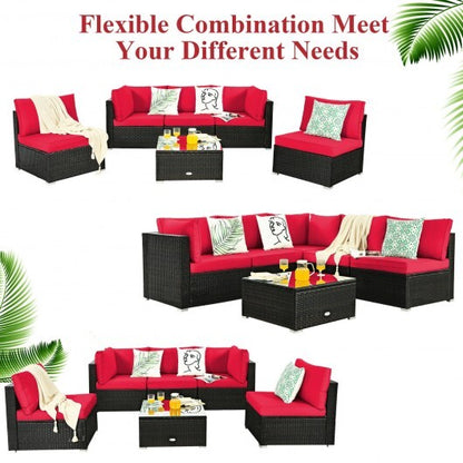 6 Pieces Patio Rattan Furniture Set with Cushions and Glass Coffee Table-Red - Color: Red