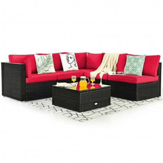 6 Pieces Patio Rattan Furniture Set with Cushions and Glass Coffee Table-Red - Color: Red