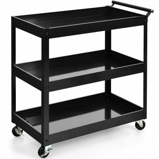 3-Tier Utility Cart Rolling Metal Cart with Handle and Universal Wheels-Black - Color: Black