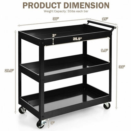 3-Tier Utility Cart Rolling Metal Cart with Handle and Universal Wheels-Black - Color: Black