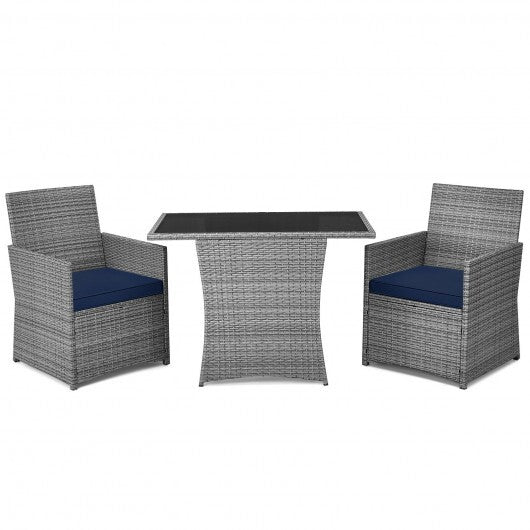 3 Pieces Patio Rattan Furniture Set with Cushioned Armrest Sofa-Navy - Color: Navy