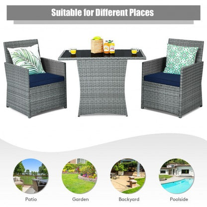 3 Pieces Patio Rattan Furniture Set with Cushioned Armrest Sofa-Navy - Color: Navy