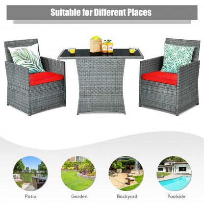 3 Pieces Patio Rattan Furniture Set with Cushioned Armrest Sofa-Red - Color: Red