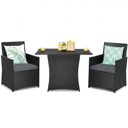 3 Pieces Patio Rattan Furniture Set with Cushion and Sofa Armrest-Gray - Color: Gray