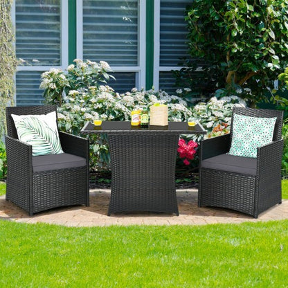 3 Pieces Patio Rattan Furniture Set with Cushion and Sofa Armrest-Gray - Color: Gray