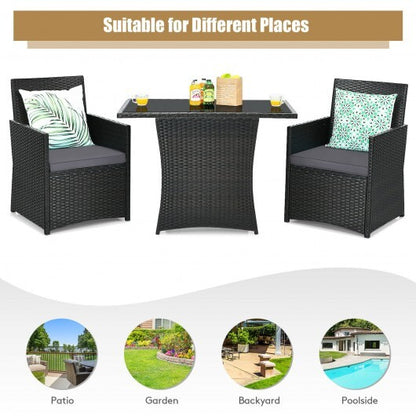 3 Pieces Patio Rattan Furniture Set with Cushion and Sofa Armrest-Gray - Color: Gray