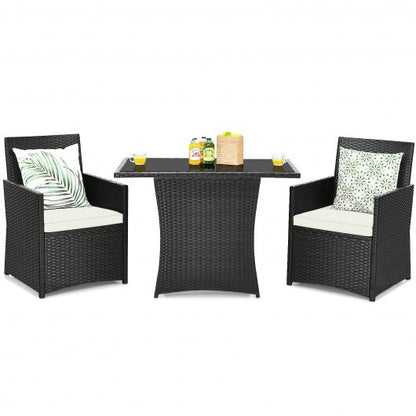 3 Pieces Patio Rattan Furniture Set with Cushion and Sofa Armrest-White - Color: White