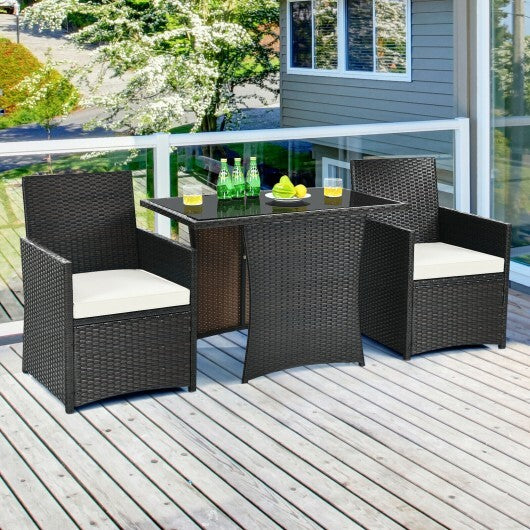 3 Pieces Patio Rattan Furniture Set with Cushion and Sofa Armrest-White - Color: White