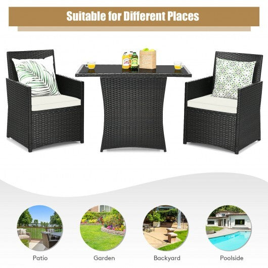 3 Pieces Patio Rattan Furniture Set with Cushion and Sofa Armrest-White - Color: White