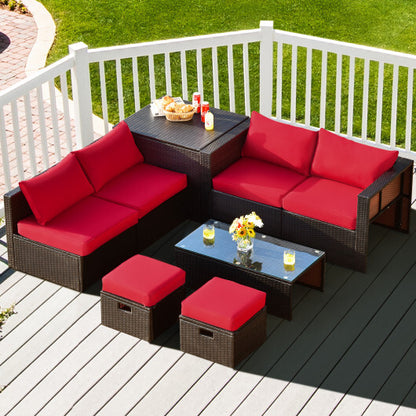 8 Pieces Patio Space-Saving Rattan Furniture Set with Storage Box and Waterproof Cover-Red - Color: Red