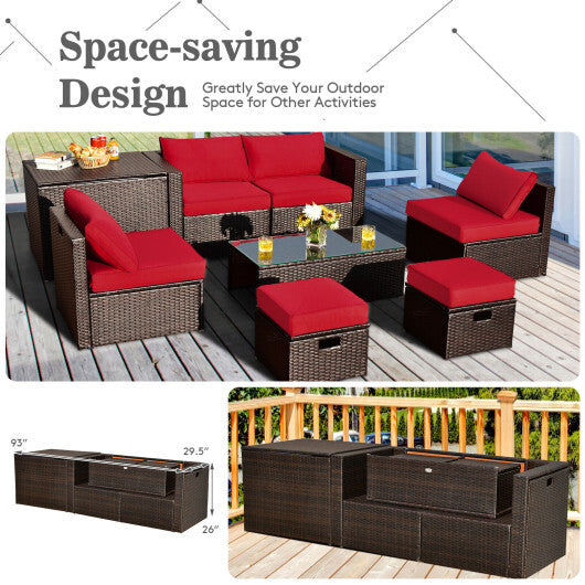 8 Pieces Patio Space-Saving Rattan Furniture Set with Storage Box and Waterproof Cover-Red - Color: Red