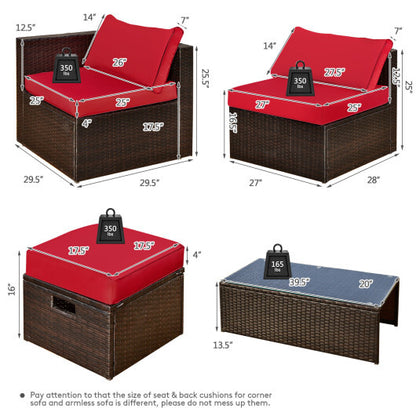 8 Pieces Patio Space-Saving Rattan Furniture Set with Storage Box and Waterproof Cover-Red - Color: Red