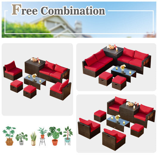 8 Pieces Patio Space-Saving Rattan Furniture Set with Storage Box and Waterproof Cover-Red - Color: Red