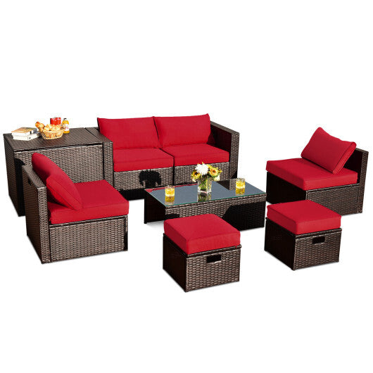 8 Pieces Patio Space-Saving Rattan Furniture Set with Storage Box and Waterproof Cover-Red - Color: Red