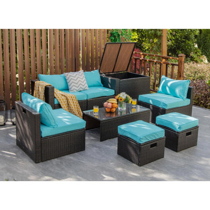 8 Pieces Patio Space-Saving Rattan Furniture Set with Storage Box and Waterproof Cover-Turquoise - Color: Turquoise