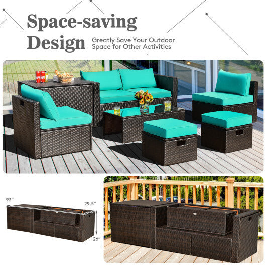 8 Pieces Patio Space-Saving Rattan Furniture Set with Storage Box and Waterproof Cover-Turquoise - Color: Turquoise