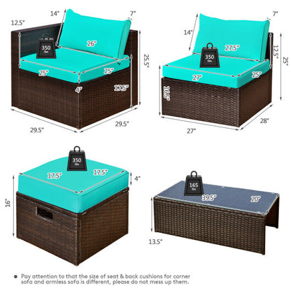 8 Pieces Patio Space-Saving Rattan Furniture Set with Storage Box and Waterproof Cover-Turquoise - Color: Turquoise