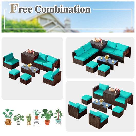 8 Pieces Patio Space-Saving Rattan Furniture Set with Storage Box and Waterproof Cover-Turquoise - Color: Turquoise