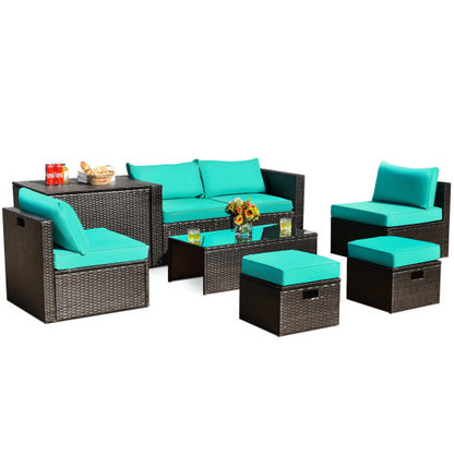 8 Pieces Patio Space-Saving Rattan Furniture Set with Storage Box and Waterproof Cover-Turquoise - Color: Turquoise