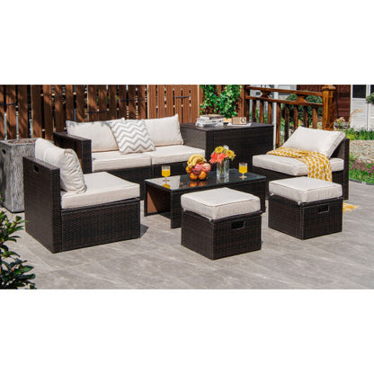 8 Pieces Patio Space-Saving Rattan Furniture Set with Storage Box and Waterproof Cover-White - Color: White