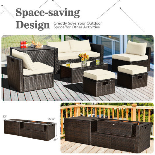 8 Pieces Patio Space-Saving Rattan Furniture Set with Storage Box and Waterproof Cover-White - Color: White