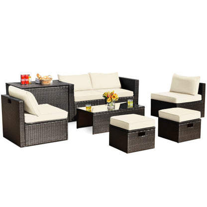 8 Pieces Patio Space-Saving Rattan Furniture Set with Storage Box and Waterproof Cover-White - Color: White