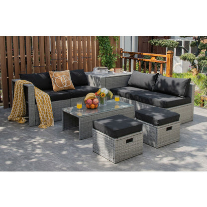 8 Pieces Patio Rattan Furniture Set with Storage Waterproof Cover and Cushion-Black - Color: Black