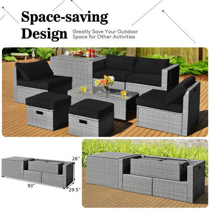 8 Pieces Patio Rattan Furniture Set with Storage Waterproof Cover and Cushion-Black - Color: Black