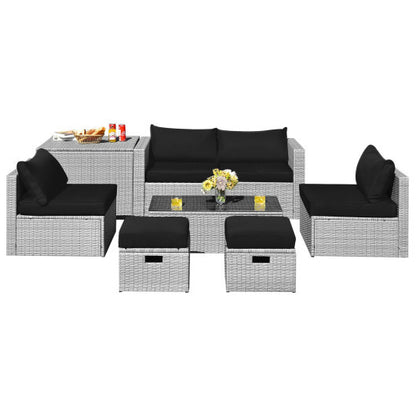 8 Pieces Patio Rattan Furniture Set with Storage Waterproof Cover and Cushion-Black - Color: Black