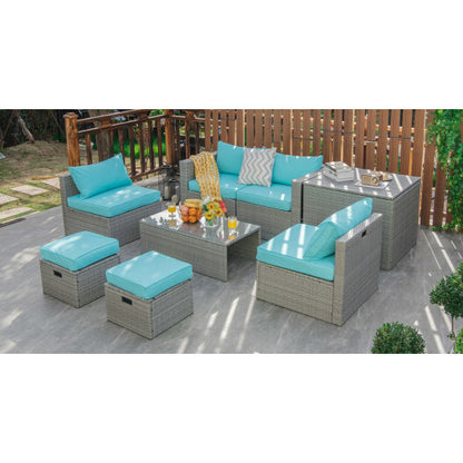 8 Pieces Patio Rattan Furniture Set with Storage Waterproof Cover and Cushion-Turquoise - Color: Turquoise