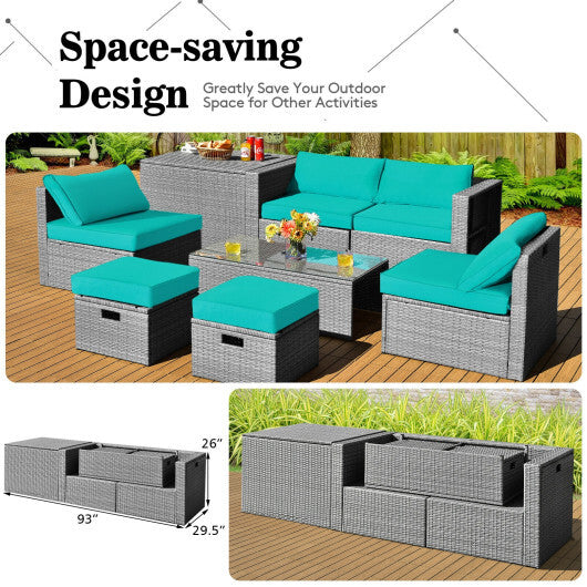 8 Pieces Patio Rattan Furniture Set with Storage Waterproof Cover and Cushion-Turquoise - Color: Turquoise