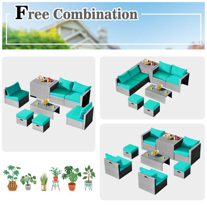 8 Pieces Patio Rattan Furniture Set with Storage Waterproof Cover and Cushion-Turquoise - Color: Turquoise