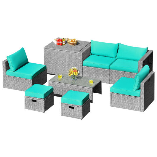 8 Pieces Patio Rattan Furniture Set with Storage Waterproof Cover and Cushion-Turquoise - Color: Turquoise