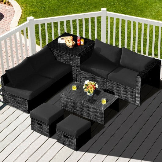 8 Pieces Patio Rattan Storage Table Furniture Set-Black - Color: Black