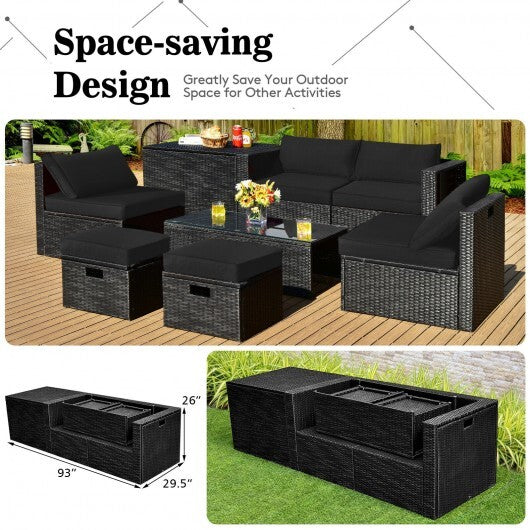 8 Pieces Patio Rattan Storage Table Furniture Set-Black - Color: Black