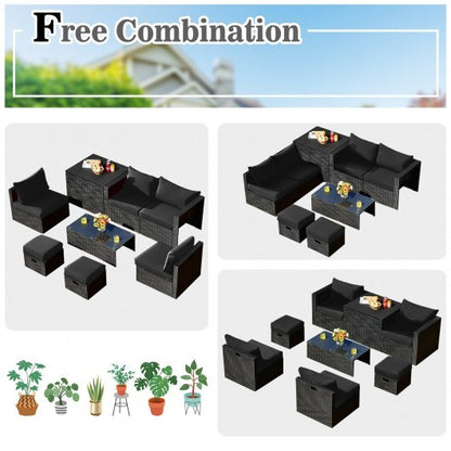 8 Pieces Patio Rattan Storage Table Furniture Set-Black - Color: Black