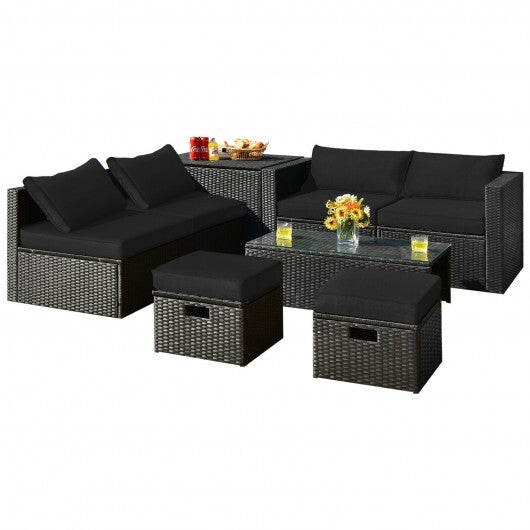 8 Pieces Patio Rattan Storage Table Furniture Set-Black - Color: Black