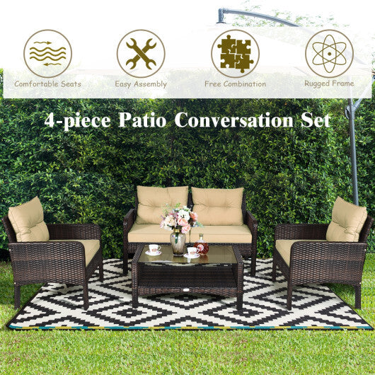 4 Pieces Patio Rattan Free Combination Sofa Set with Cushion and Coffee Table - Color: Beige