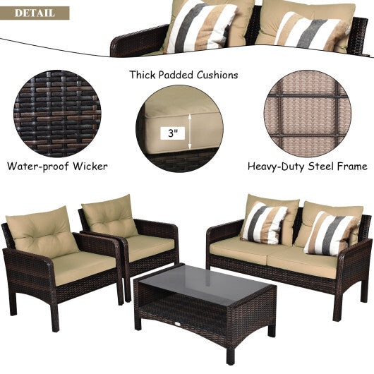 4 Pieces Patio Rattan Free Combination Sofa Set with Cushion and Coffee Table - Color: Beige