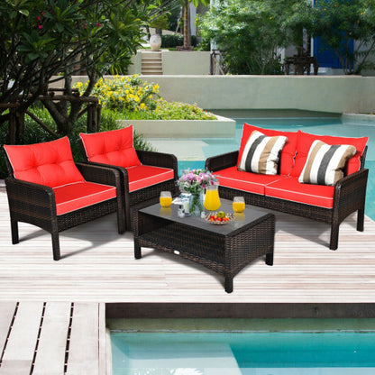 4 Pieces Outdoor Rattan Wicker Loveseat Furniture Set with Cushions-Red - Color: Red