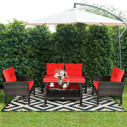 4 Pieces Outdoor Rattan Wicker Loveseat Furniture Set with Cushions-Red - Color: Red