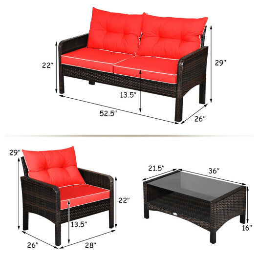 4 Pieces Outdoor Rattan Wicker Loveseat Furniture Set with Cushions-Red - Color: Red