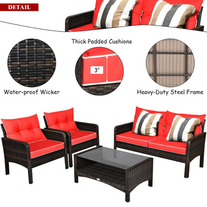 4 Pieces Outdoor Rattan Wicker Loveseat Furniture Set with Cushions-Red - Color: Red