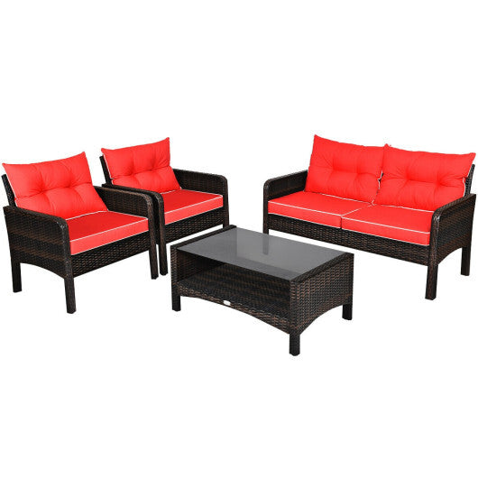 4 Pieces Outdoor Rattan Wicker Loveseat Furniture Set with Cushions-Red - Color: Red