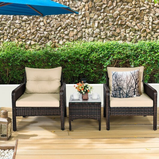 3 Pieces Outdoor Patio Rattan Conversation Set with Seat Cushions-Beige - Color: Beige