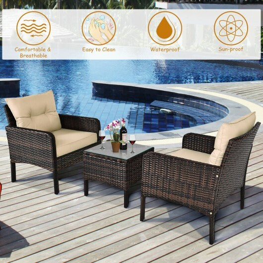 3 Pieces Outdoor Patio Rattan Conversation Set with Seat Cushions-Beige - Color: Beige