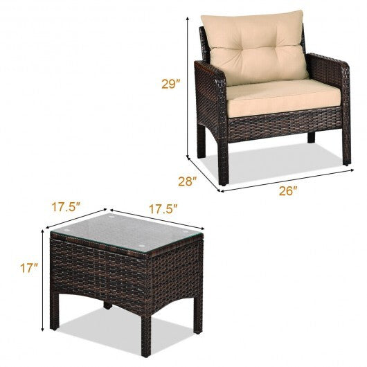 3 Pieces Outdoor Patio Rattan Conversation Set with Seat Cushions-Beige - Color: Beige